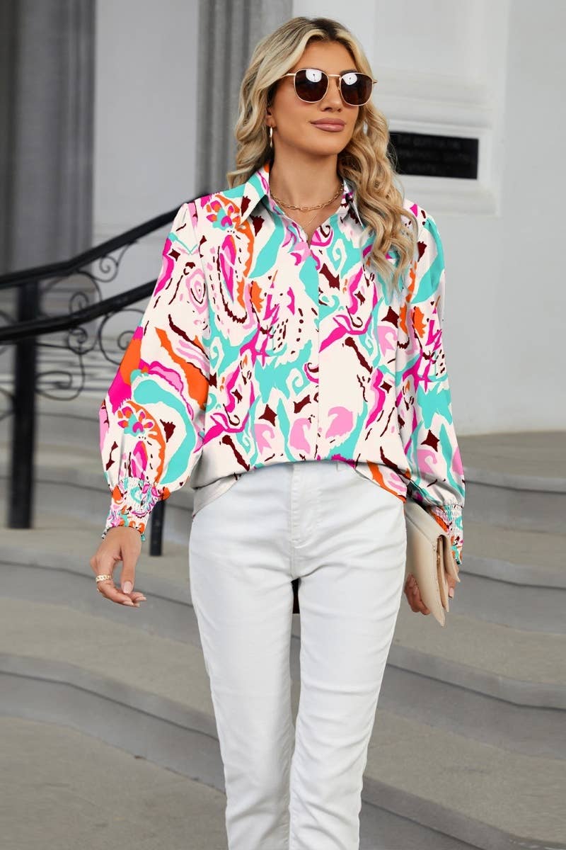 CWTSTL2302_HOLIDAY PRINTED LONG-SLEEVED LANTERN SLEEVE SHIRT