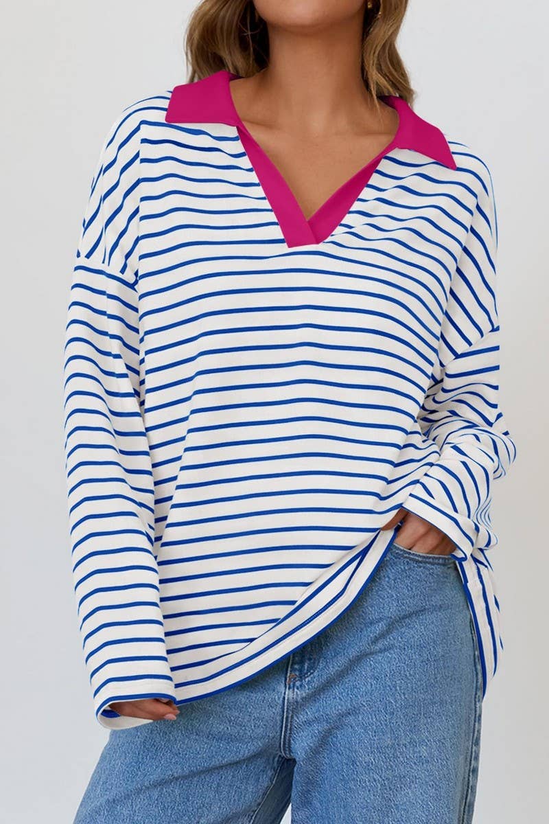 CWTBLL1811_LAPEL STRIPED V-NECK LOOSE SWEATSHIRT