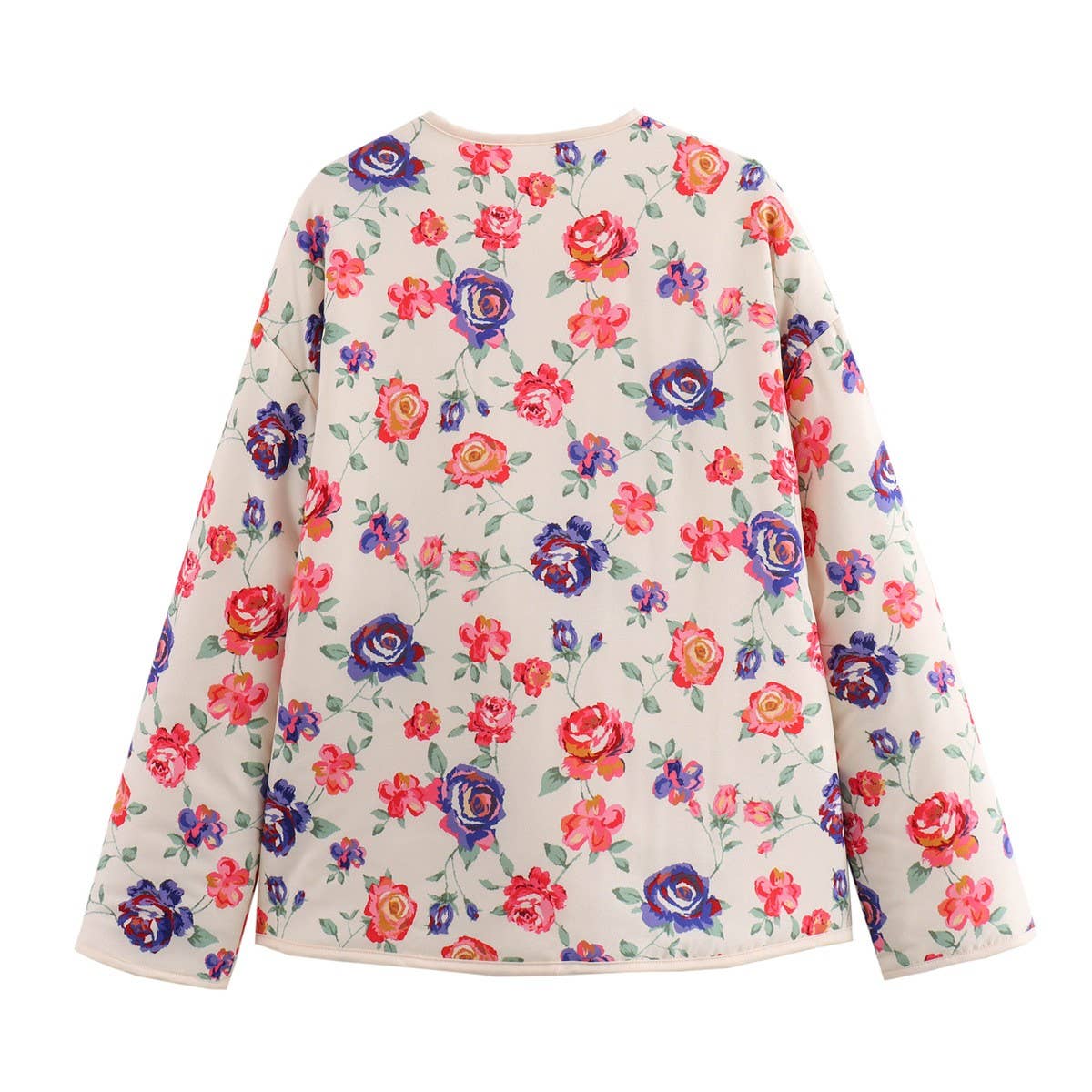 FLORAL PRINT V-NECK LOOSE CARDIGAN QUILTED JACKET