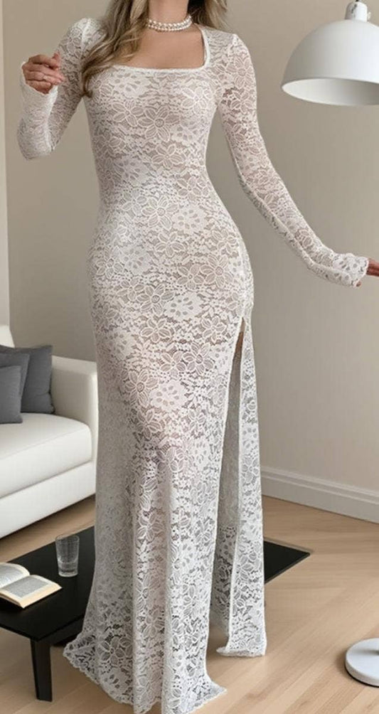 CWDMD952_SQUARE NECK JACQUARD LACE SLIT LONG SLEEVE DRESS
