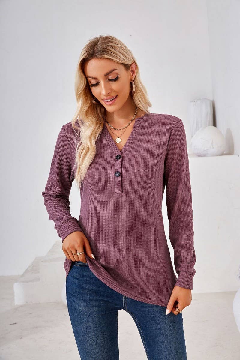 CWTBLL01312_V NECK BUTTON SOLID LONG SLEEVE LOOSE TEE
