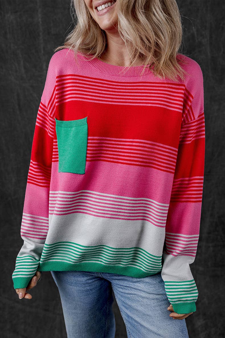 CASUAL LOOSE COLOR PATCHWORK CREW-NECK SWEATER