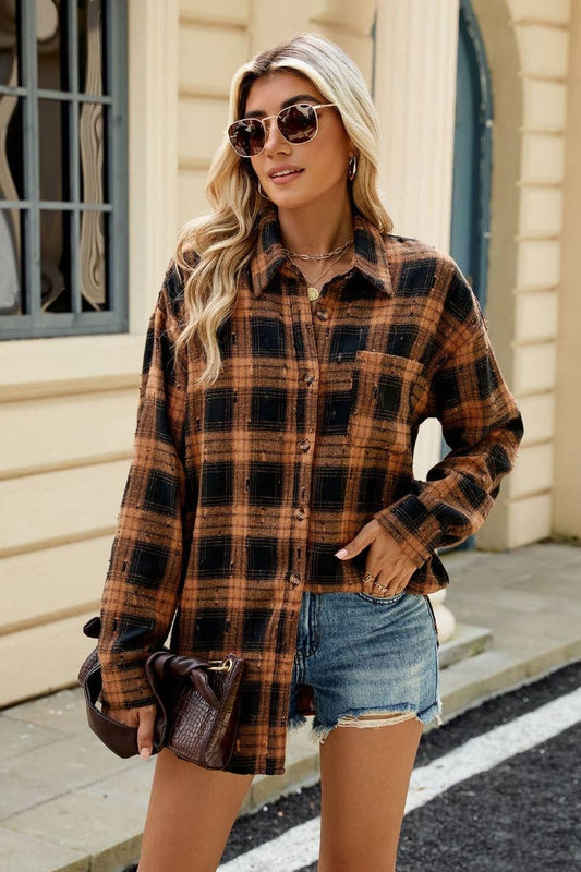 CWTSTL2256_AUTUMN VINTAGE PLAID LONG-SLEEVED SHIRT TOP
