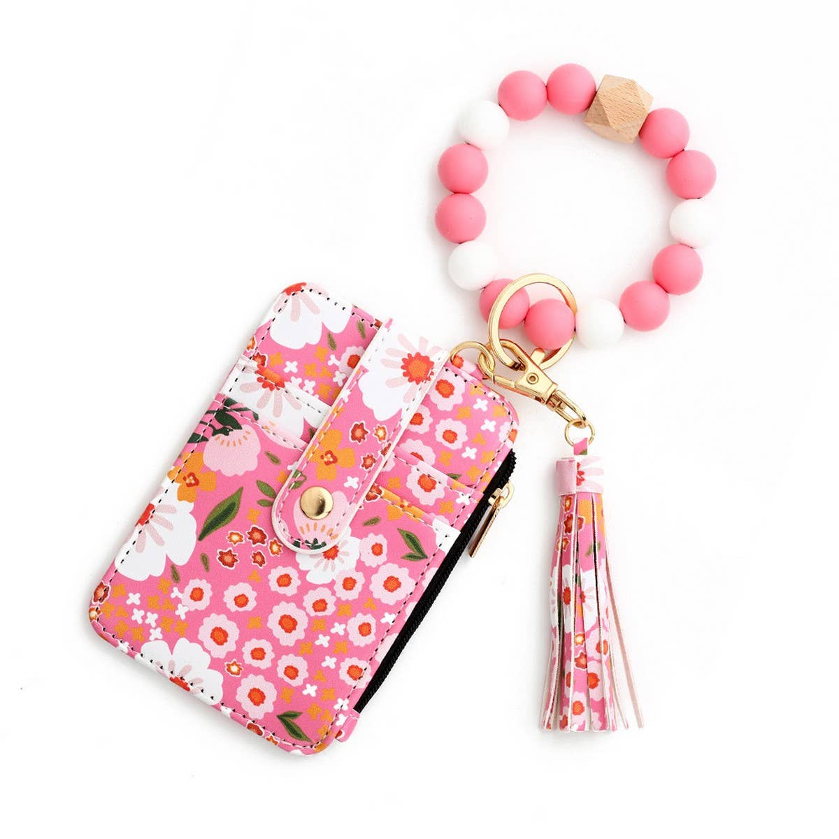 Floral Print PU Wallet with Silicone Bead Keychain_CWAB4930