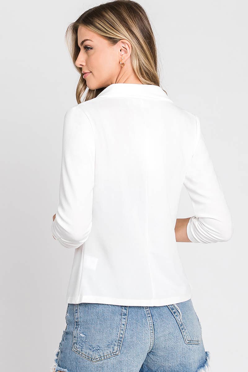 CWOBL101_Casual Work Ruched 3/4 Sleeve Open Front Blazer