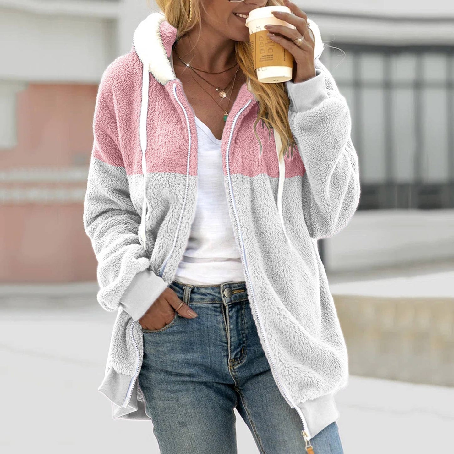 Fleece patchwork zipper pocket hooded loose jacket