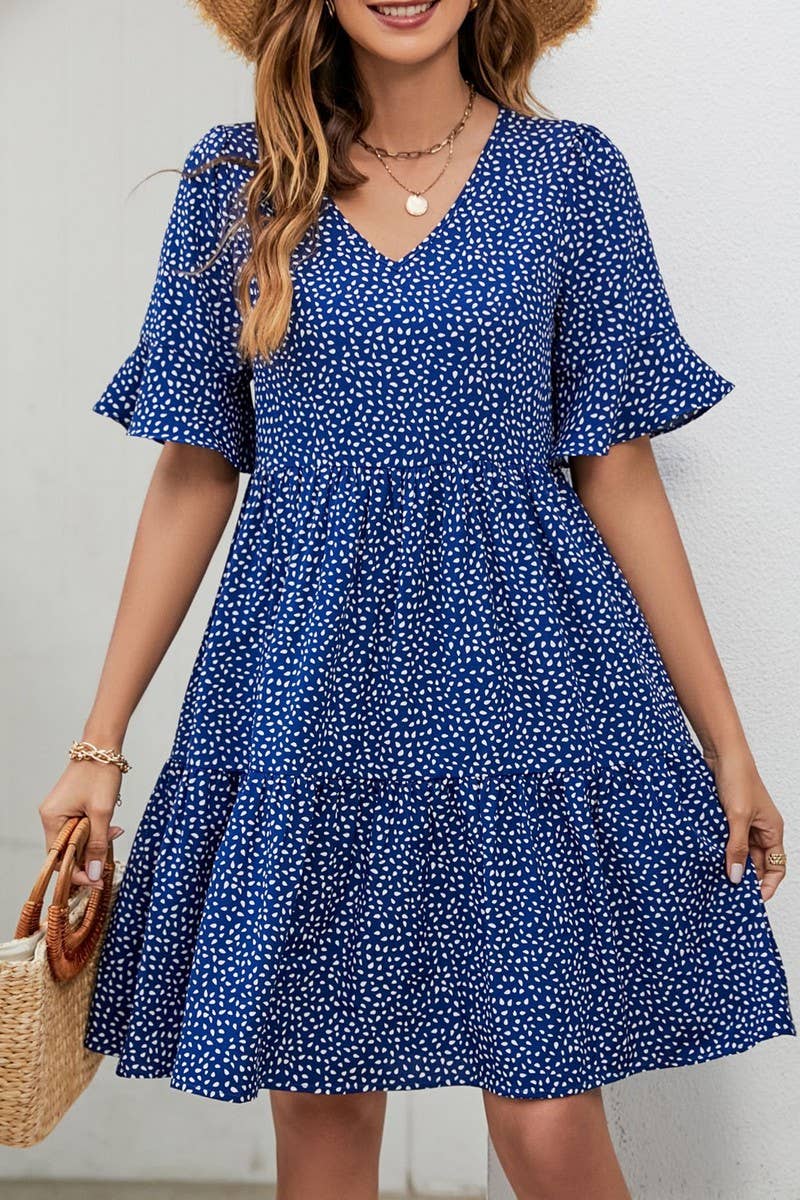 CWDSD2700_V-Neck Short-Sleeved Layered A-Line Dress