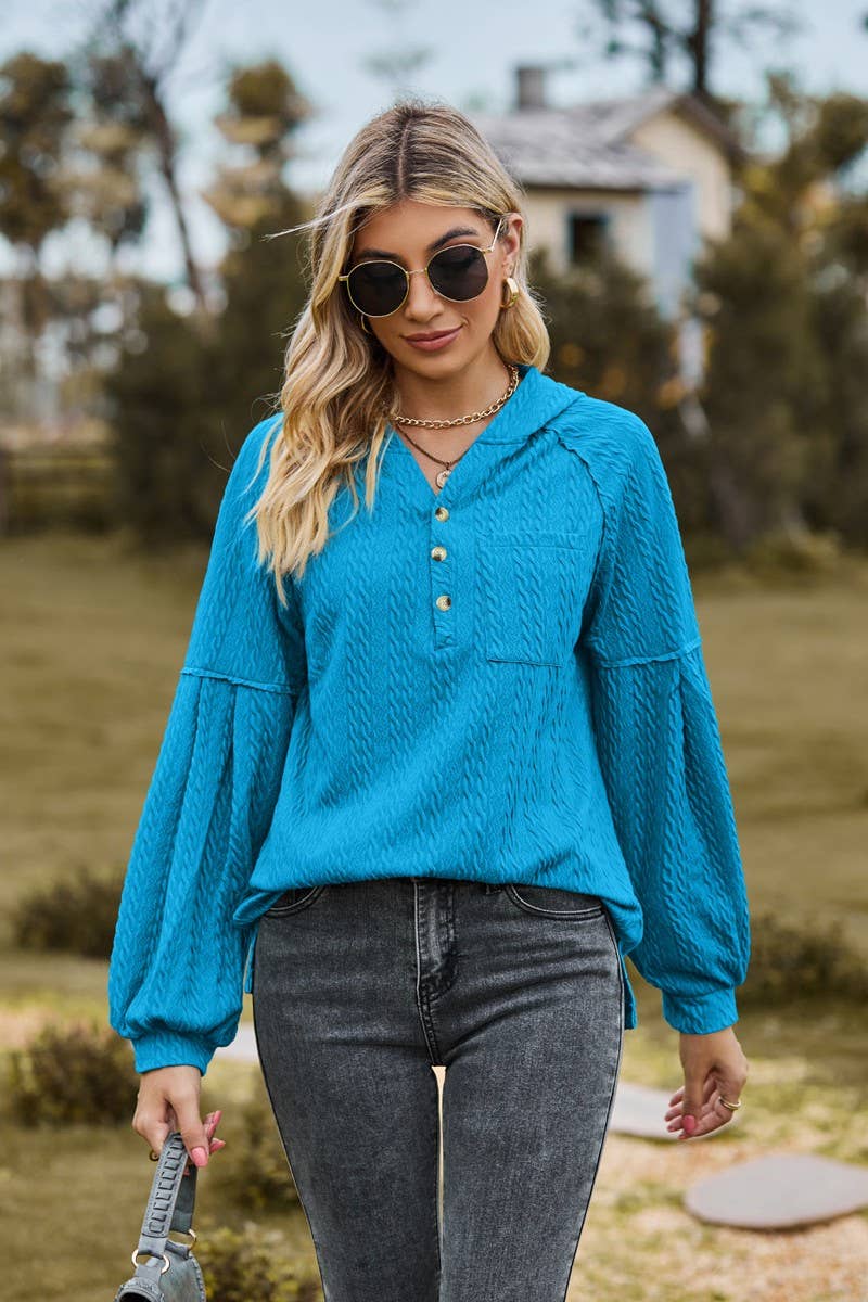 CWOHOL0738_BALLOON SLEEVE HOODED BUTTON LOOSE SWEATSHIRT