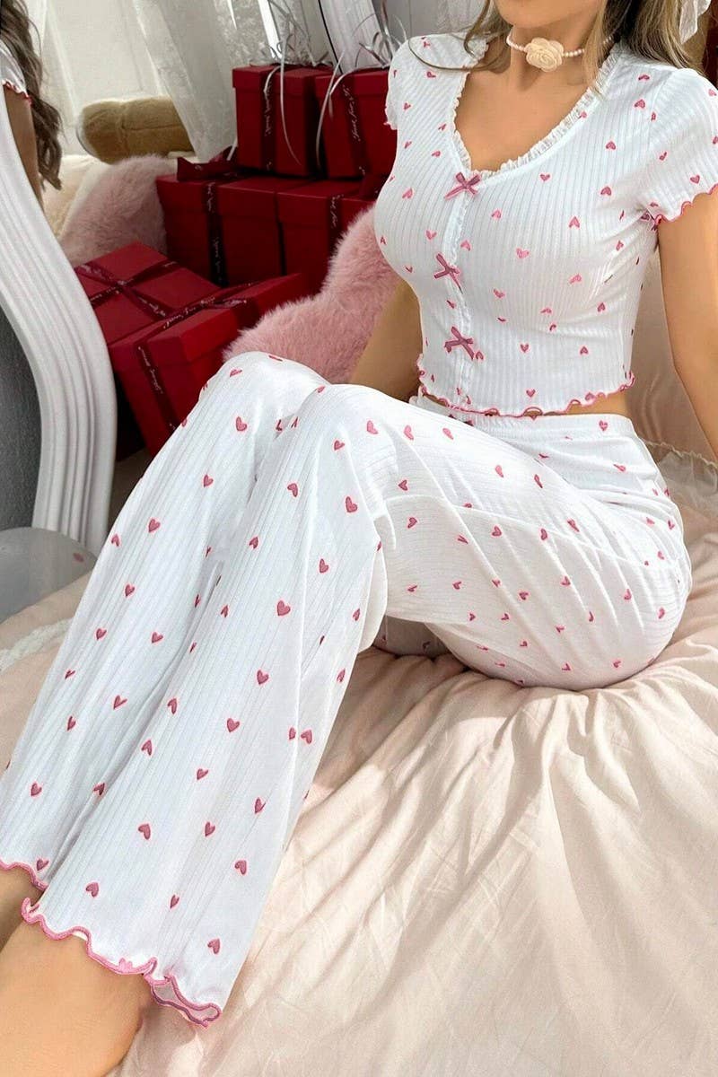 CWSPJ00470_HEART PRINT V NECK SHORT SLEEVE PAJAMA SET