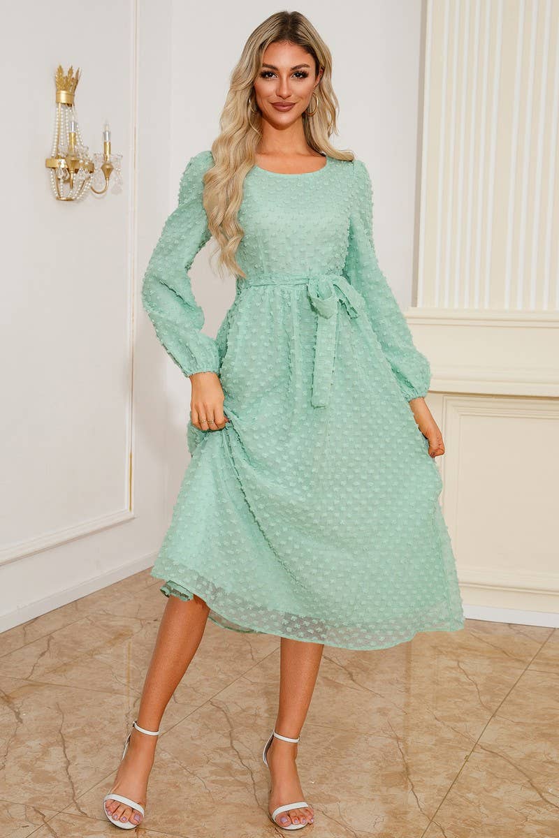 CWDMD3996_ROUND NECK TIE JACQUARD LONG SLEEVE DRESS