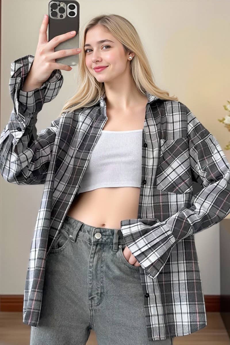 CWTBLL557_CLASSIC LOOSE CASUAL PLAID LONG-SLEEVED SHIRT