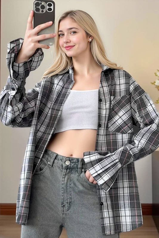 CWTBLL557_CLASSIC LOOSE CASUAL PLAID LONG-SLEEVED SHIRT