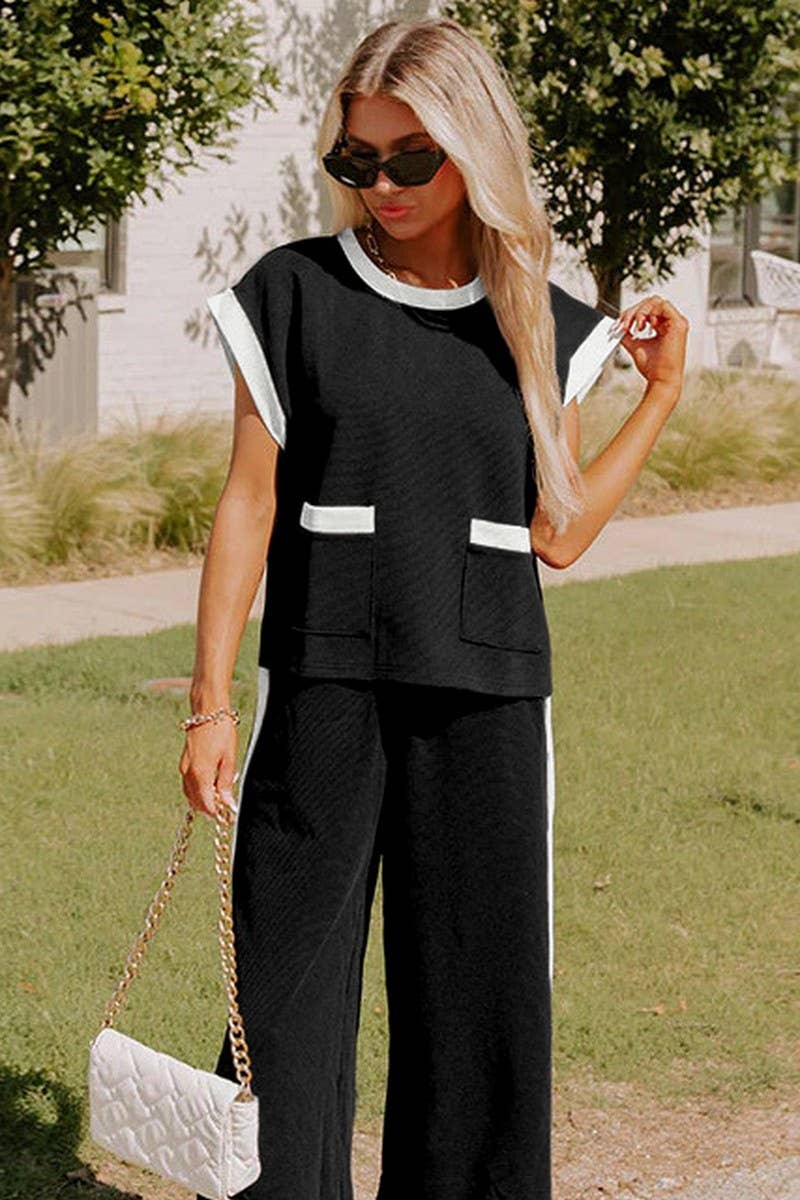 CWSTB1794_COLOR BLOCK ROUND NECK LOOSE FIT TWO-PIECE SET