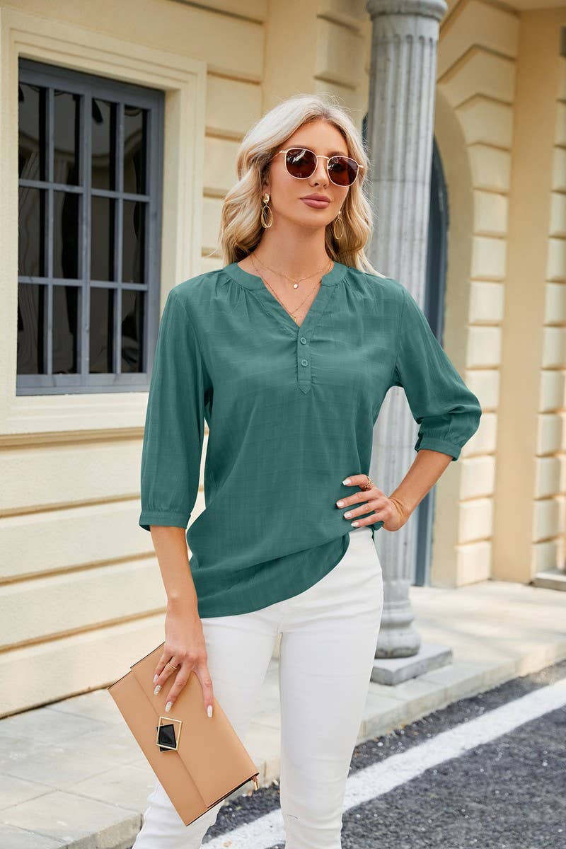 CWTTS0829_3/4 Sleeve V Neck Knit Top