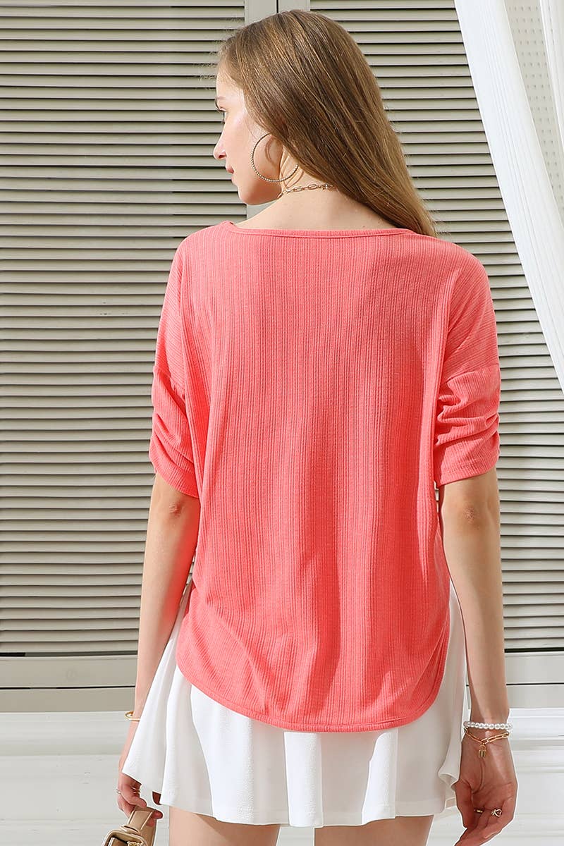 CWTTS683_ROUND NECK SHIRRING SLEEVE POINTEELE RIB TEE TOP