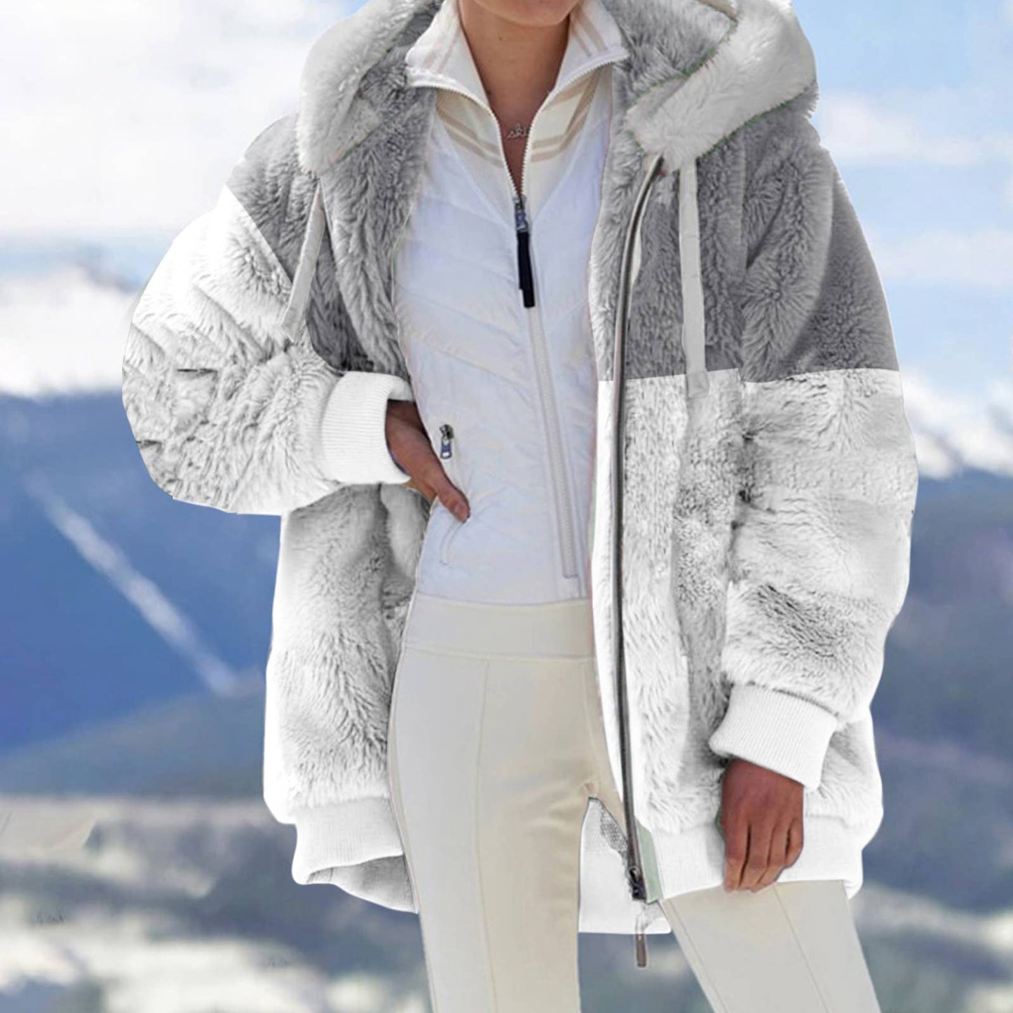 Fleece patchwork zipper pocket hooded loose jacket