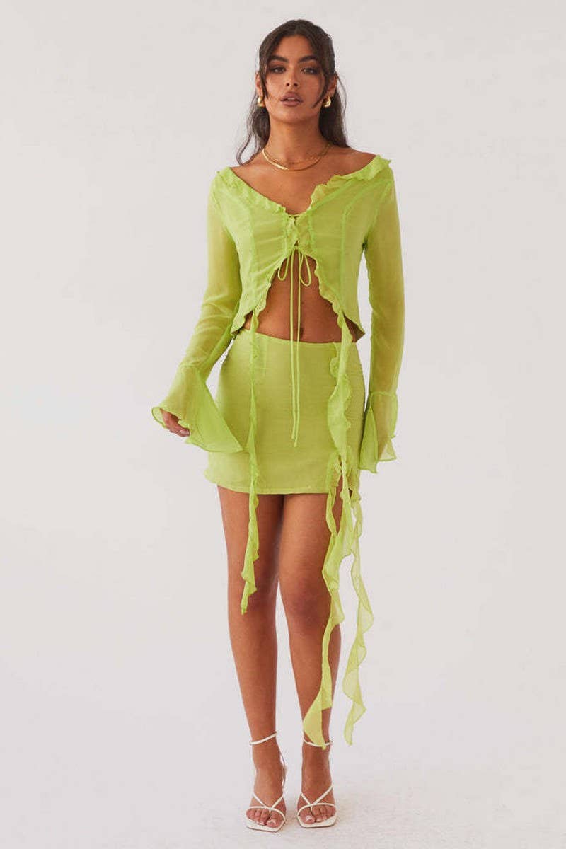 CWSTB2031_RUFFLE FRINGE LONG SLEEVE BODYCON SKIRT SET