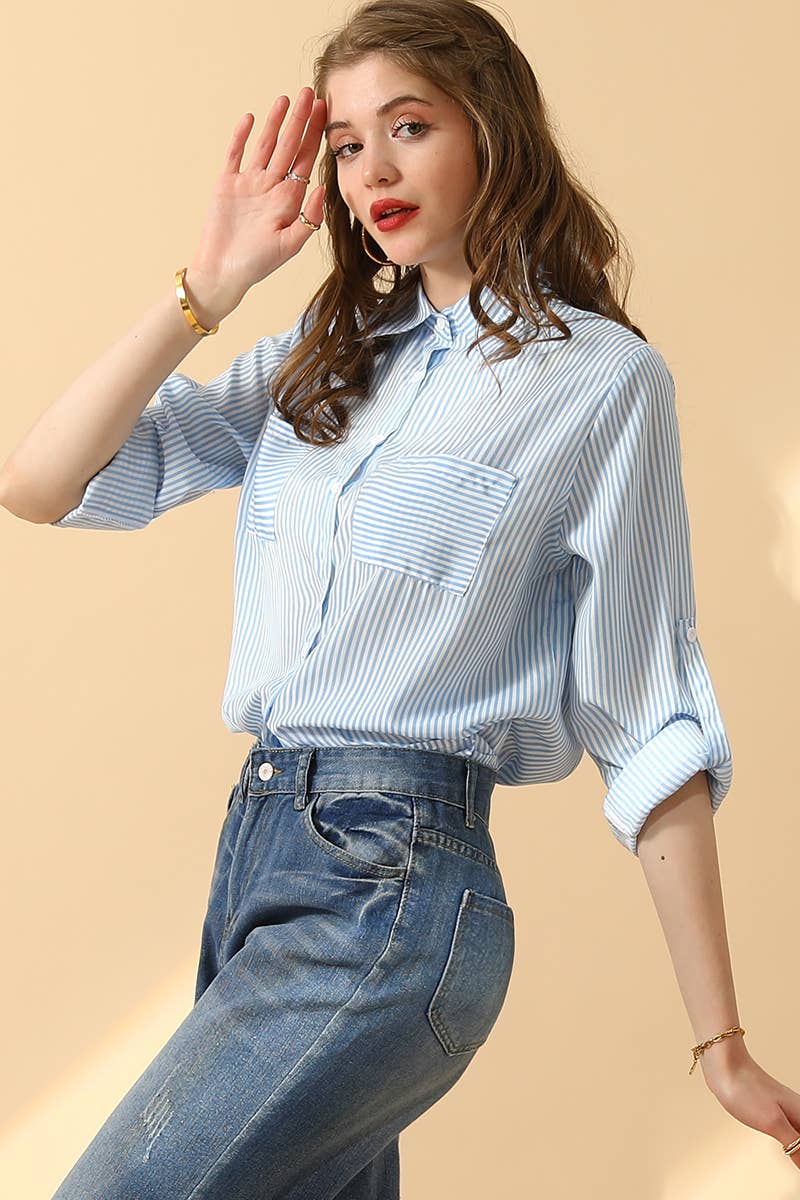 CWTSTL716_Striped Button Down Long Sleeve Collared Shirts