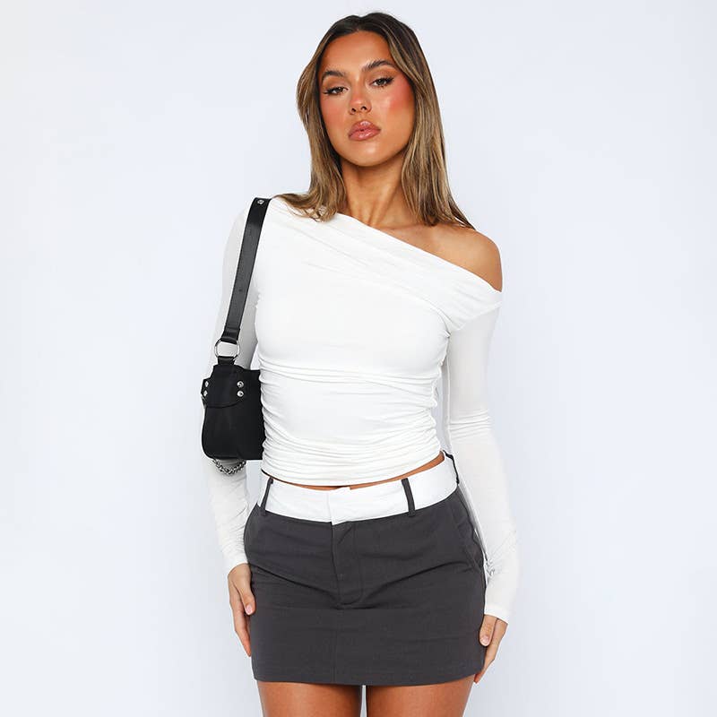 DIAGONAL SHOULDER ASYMMETRICAL SOLID COLOR TOP