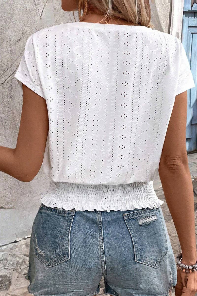 CWTBLS1793_ROUND NECK JACQUARD HOLLOW SHORT SLEEVE TOP