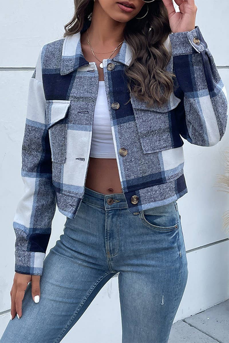 CWOJA0824_CROPPED PLAID CARDIGAN LAPEL JACKET