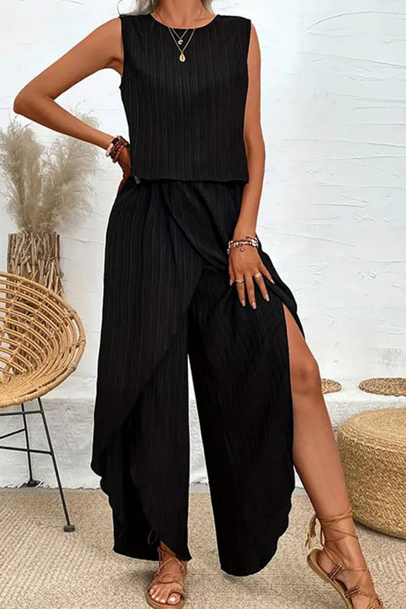 CWSS1134_SUMMER SOLID COLOR CASUAL TWO PIECE SUIT