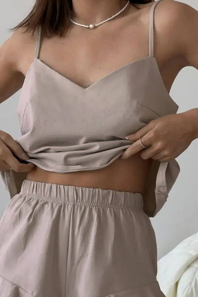 CWSPJ0372_SOLID COLOR SUSPENDER SHORTS PAJAMA SET