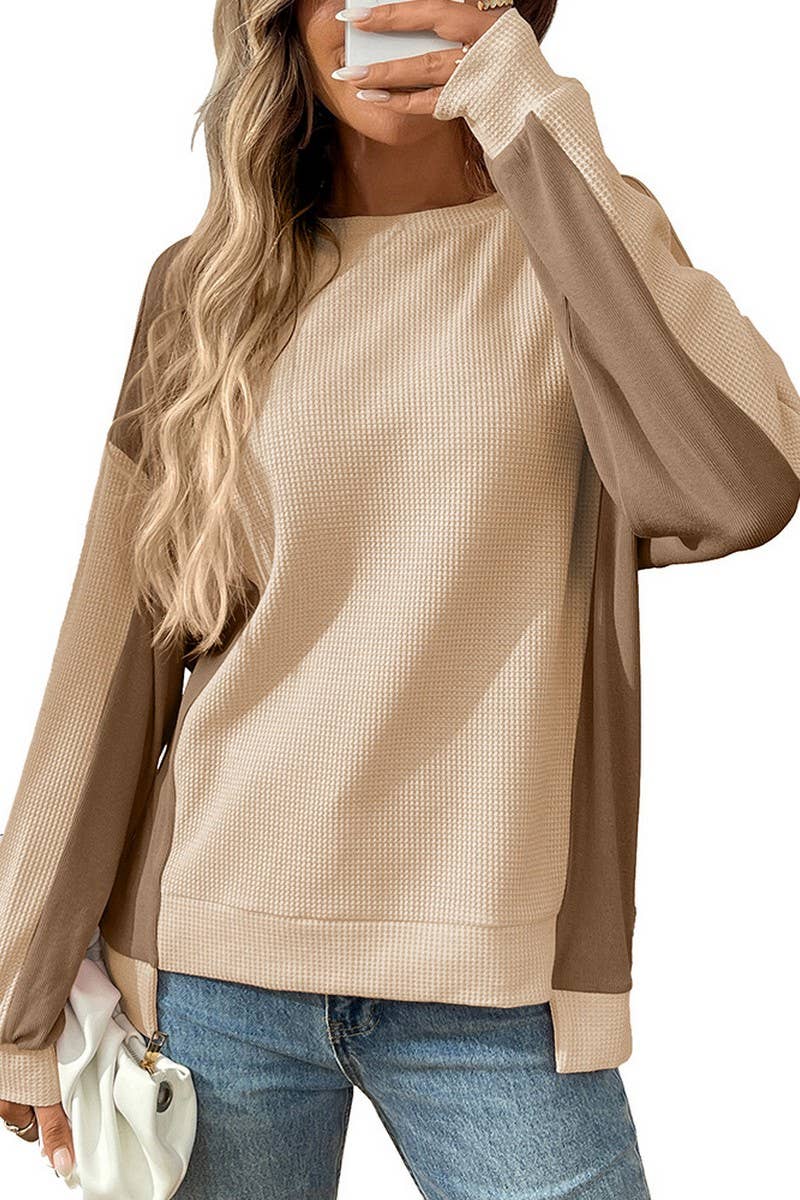 CWTBLL00833_COLORBLOCK CREWNECK WAFFLE KNIT LOOSE TOP