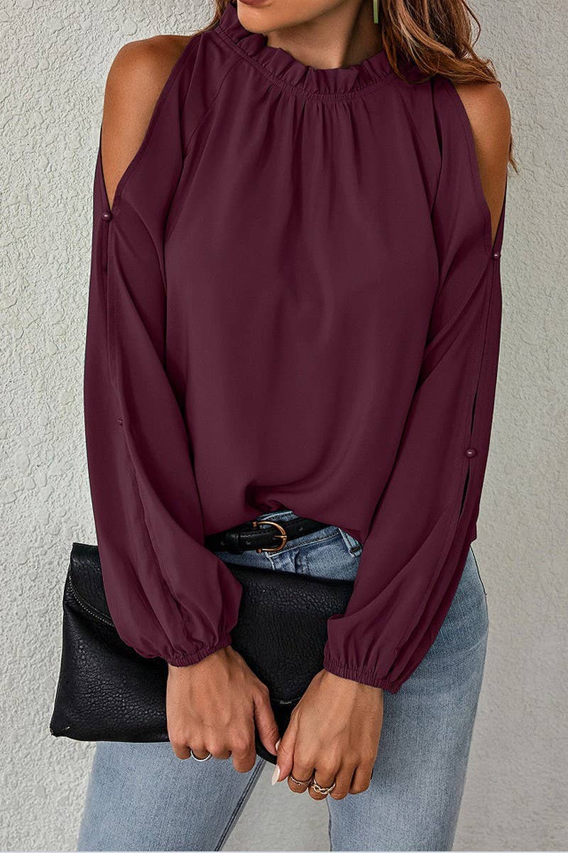 CWTBLL3756_RUFFLE HALF TURTLENECK SMOCKED OFF SHOULDER TOP