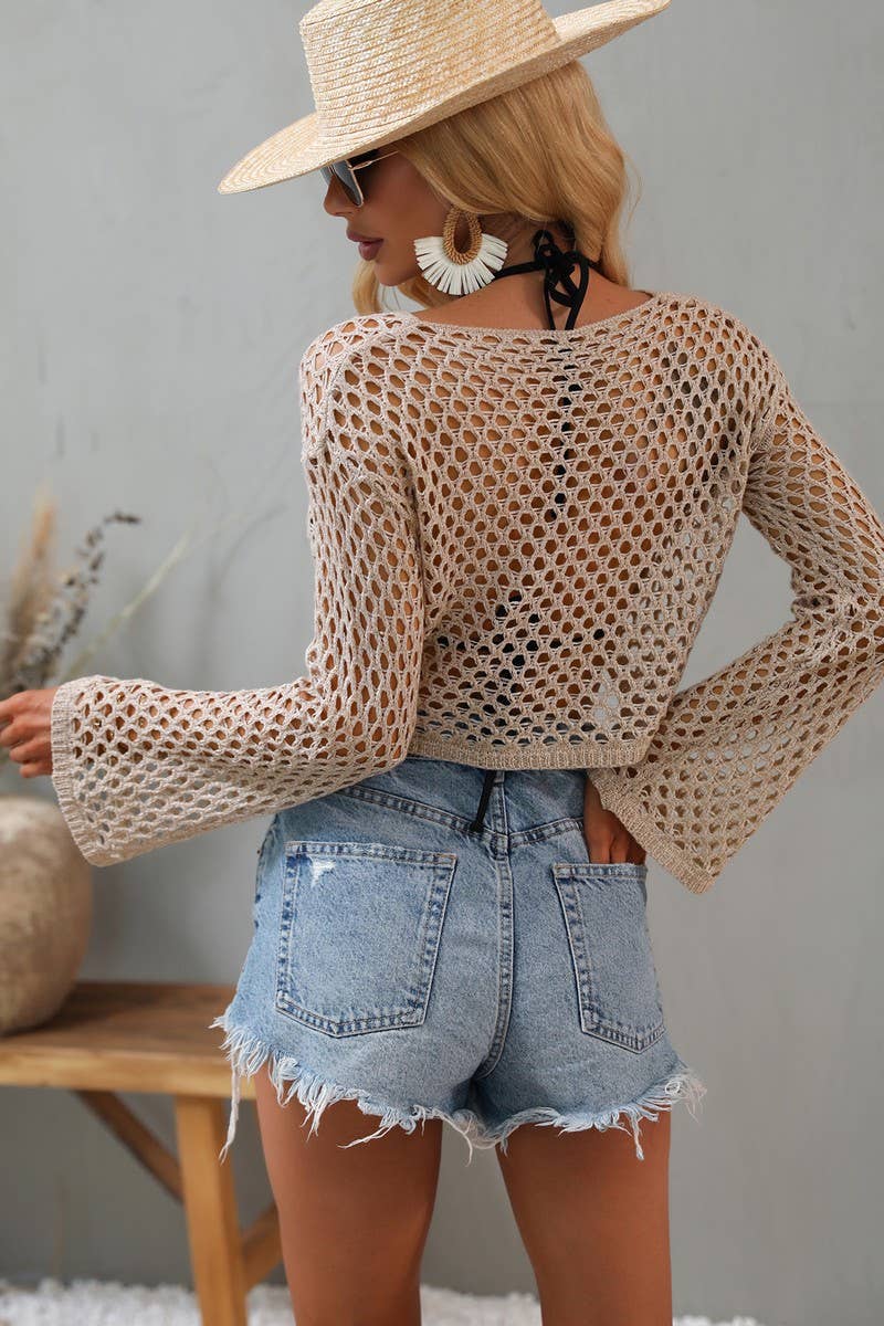 CWTSTL1025_Mesh crochet long-sleeved Cover Ups