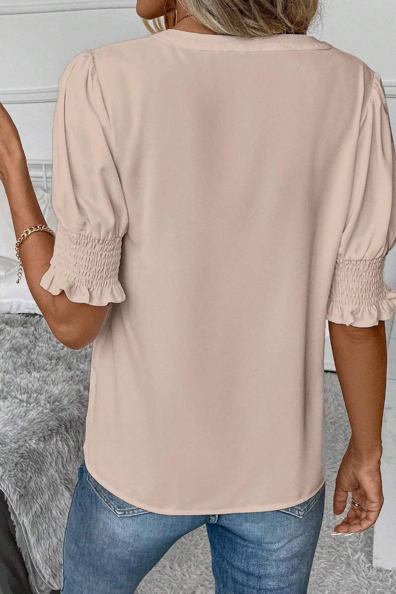 CWTSTS0461_SUMMER V-NECK SOLID COLOR SHORT-SLEEVED SHIRT TOP