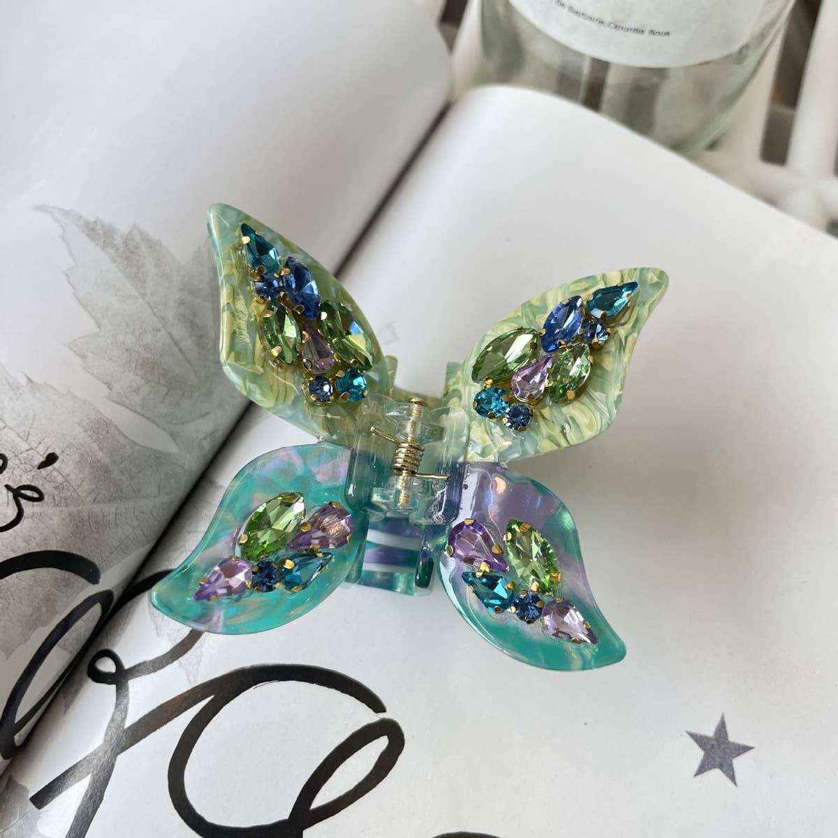 3D Butterfly Hair Claw, Rhinestone Floral Acetate _CWASC1583