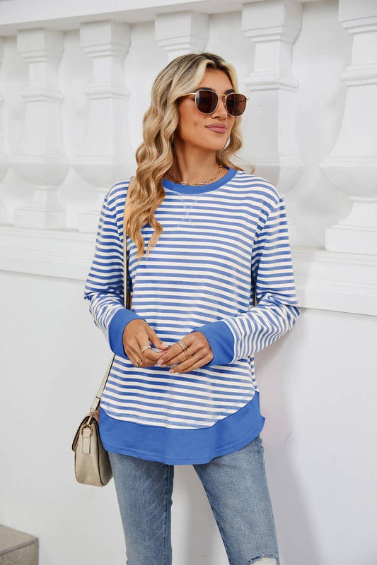 CWTBLL2355_CREW NECK STRIPED COLORBLOCK CASUAL SWEATSHIRT