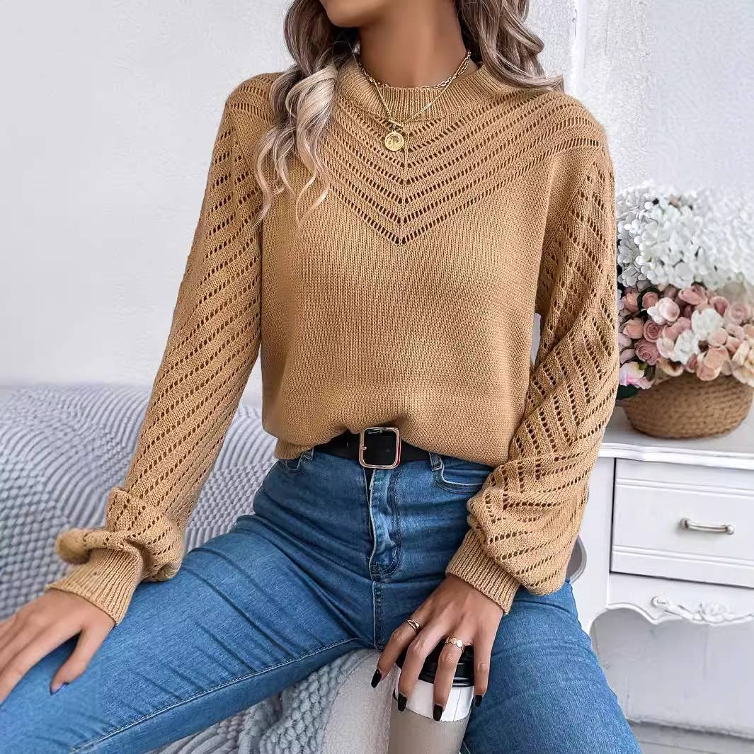 CREW NECK HOLLOWED OUT SLEEVE PULLOVER SWEATER
