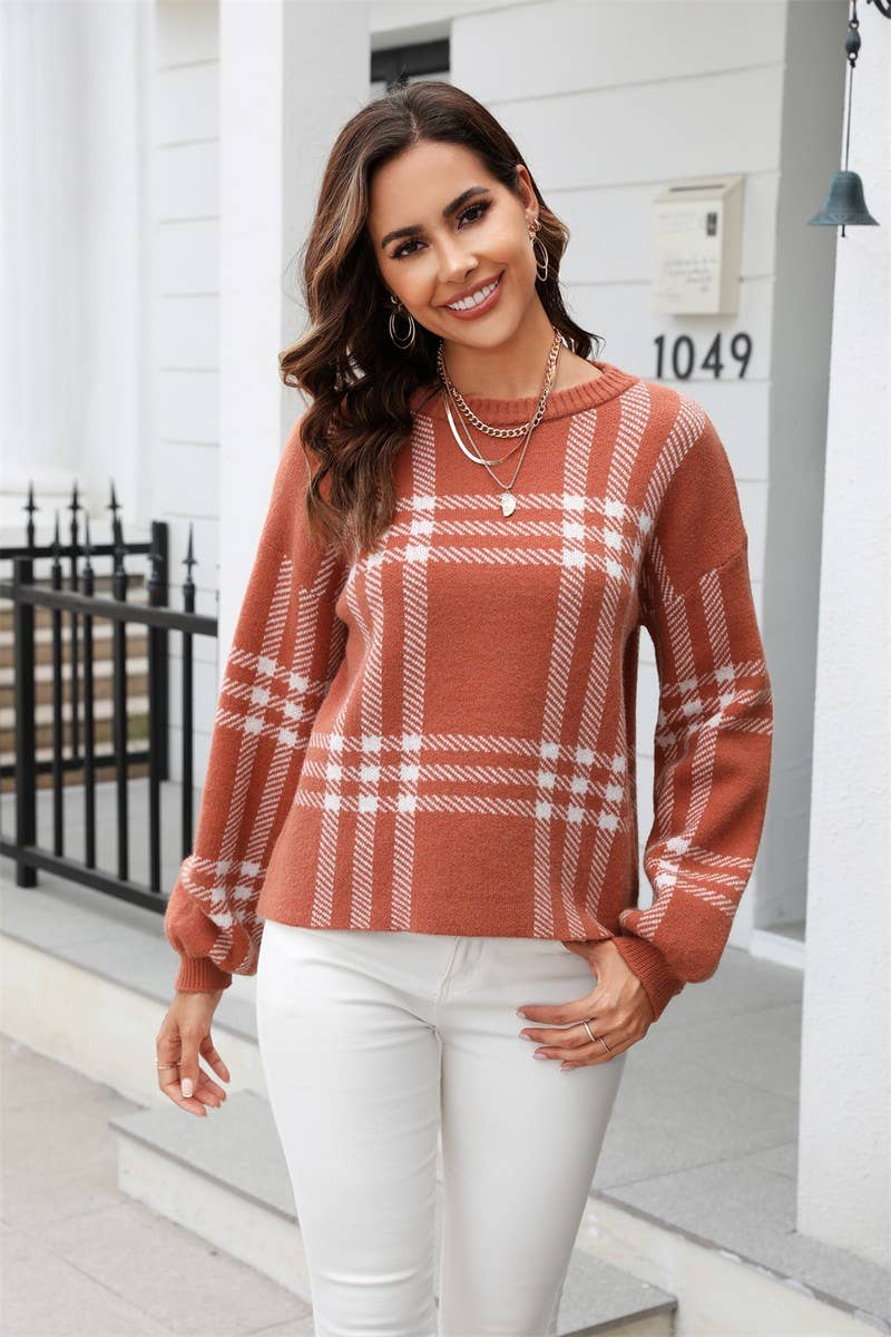 CWOSWL1693_Crew Plaid Neck Long Sleeve Pullover Sweater