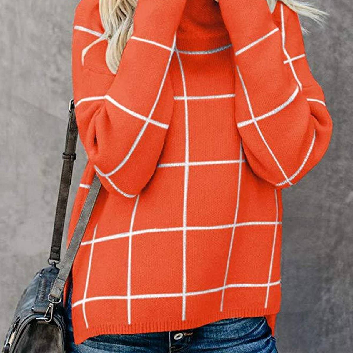 Check knit turtleneck sweater