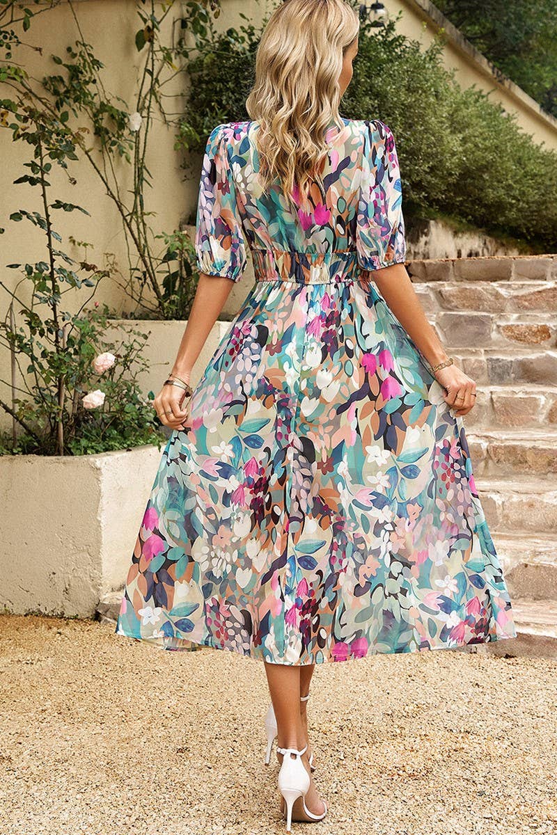 CWDMD0999_Deep V-Neck Short Sleeve Floral Print Dresses