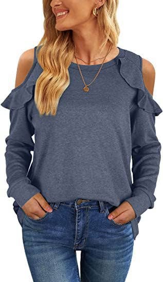 CREW-NECK, OFF-SHOULDER, RUFFLED CASUAL SWEATER