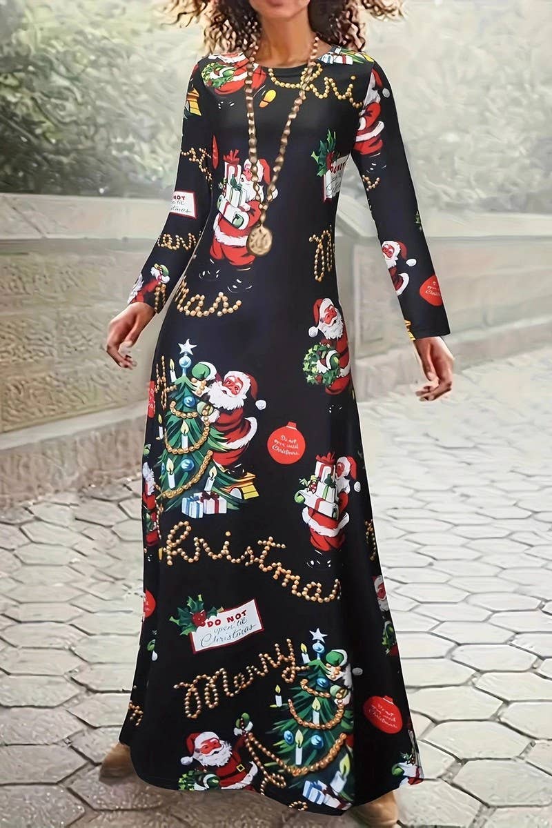 CWDMD01222_ROUND NECK LONG SLEEVE CHRISTMAS LONG DRESS