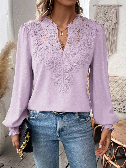 Fashion V-neck lace long sleeve casual T-shirt