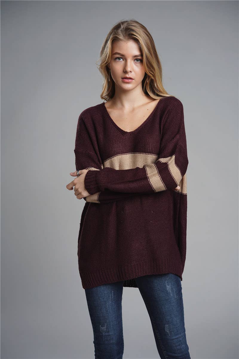 CWOSWL1420_V-Neck Long Sleeve Pullover Sweater
