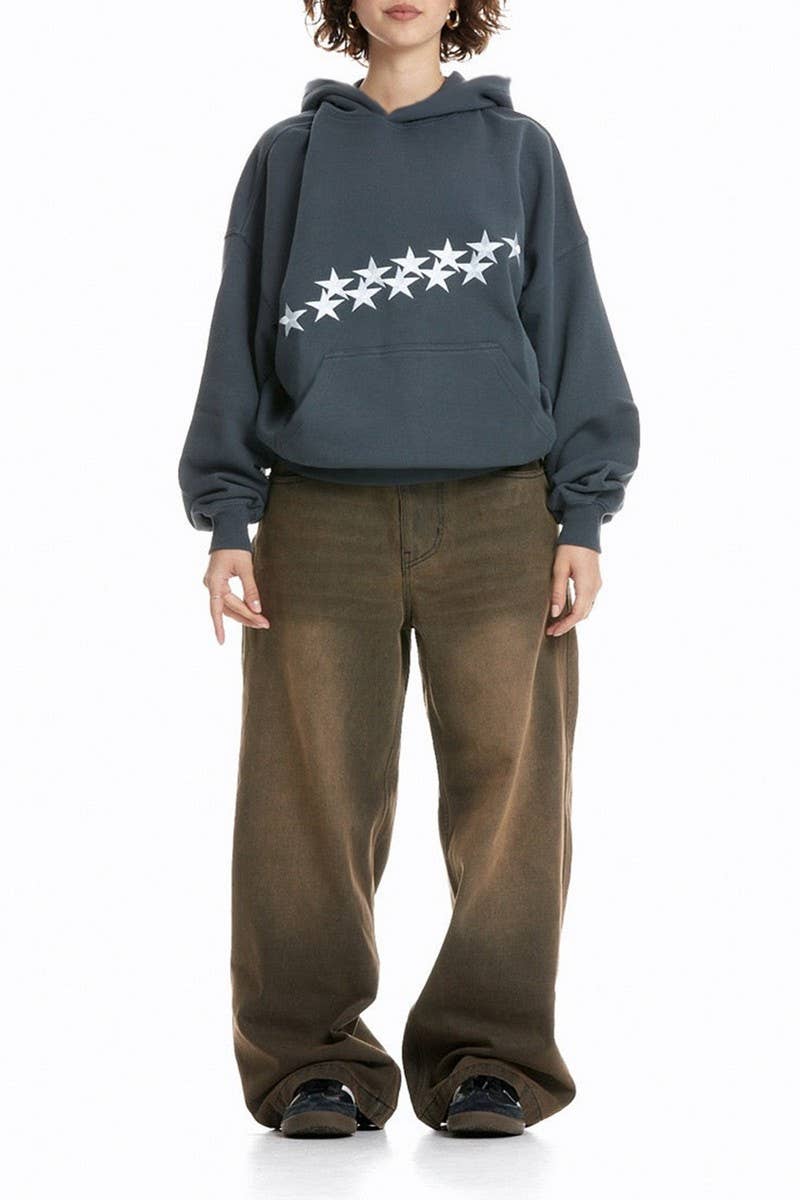 CWOHOL1115_STAR LETTER EMBROIDERED STREETWEAR UNISEX HOODIE