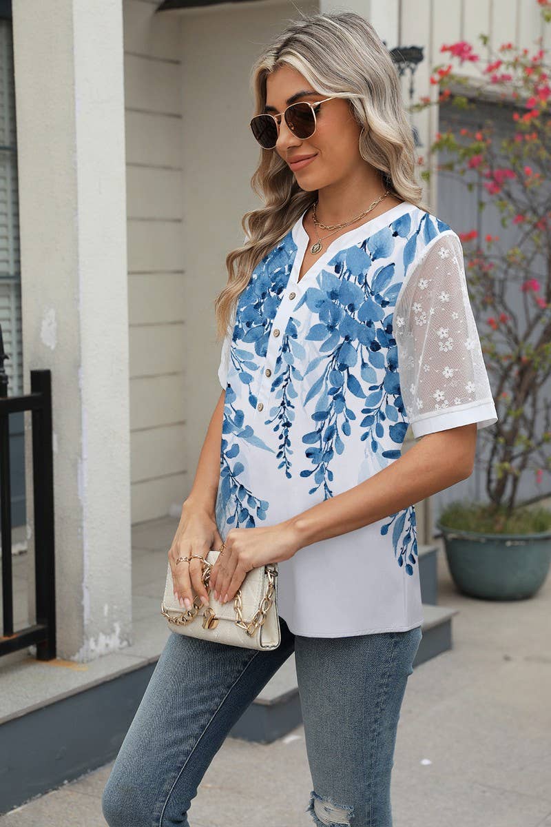 CWTBLS1706_V-NECK PRINTED CHIFFON SHORT-SLEEVED TOP