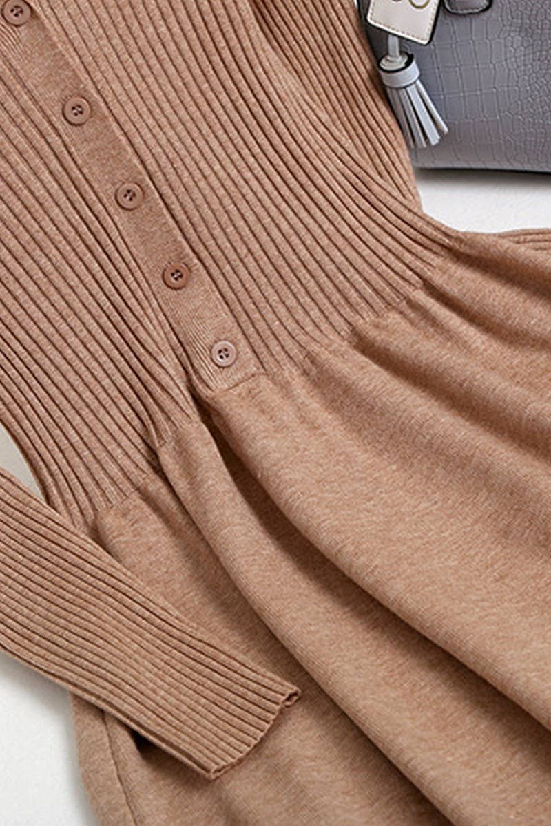 CWDMD4015_V-NECK WAIST BELOW KNEE LONG KNITTED DRESS