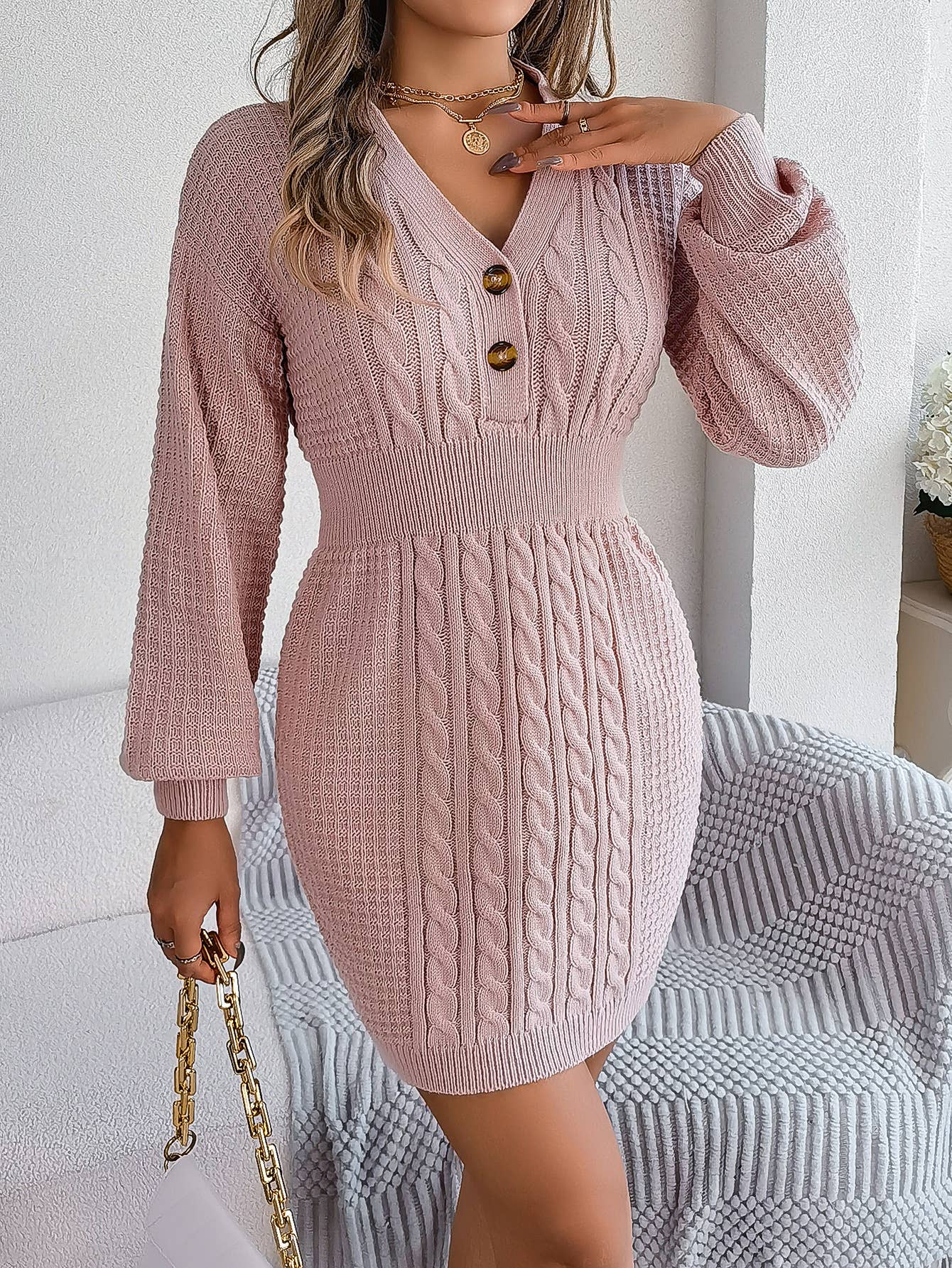 BUTTON-DOWN V-NECK SWEATER DRESS WITH HIP WRAP