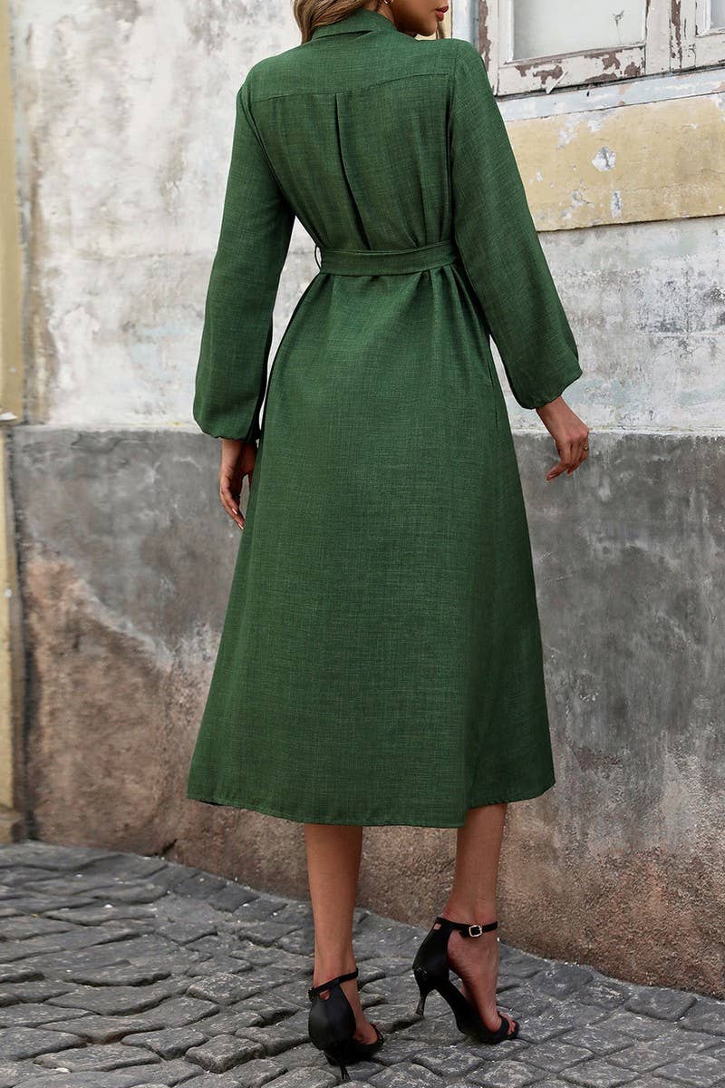 CWDMD3070_SOLID COLOR LAPEL TIE LONG SLEEVE DRESS