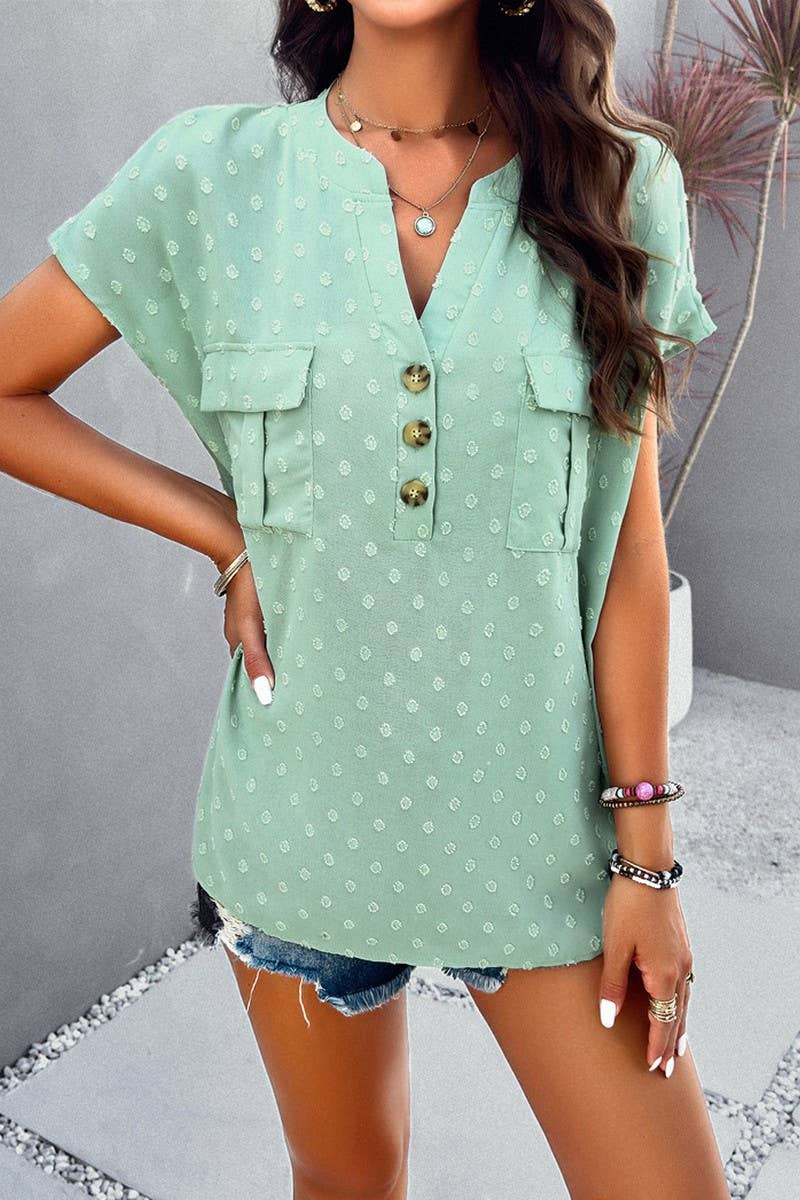 CWTBLS0387_V-Neck Button Detailed Short Sleeve Top