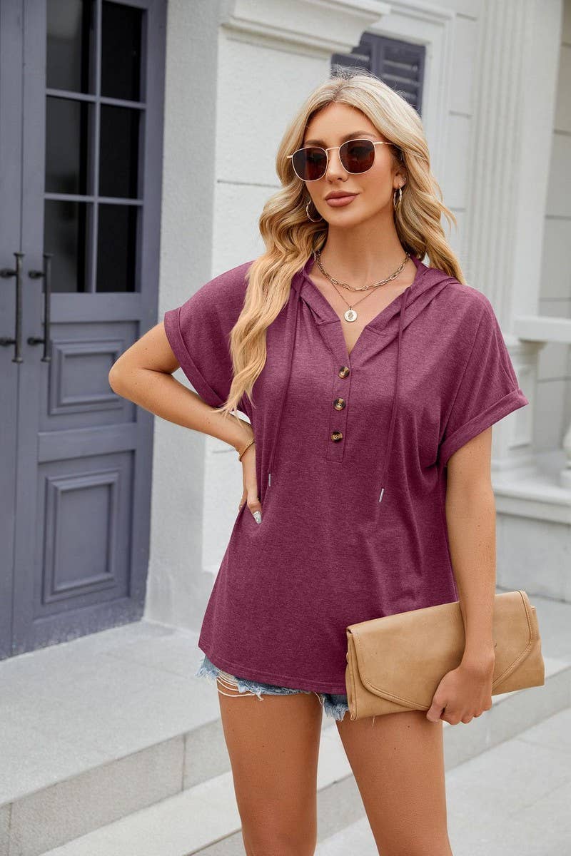 CWOHOS0016_Button Neck Short Sleeve Hoodi Knit Top