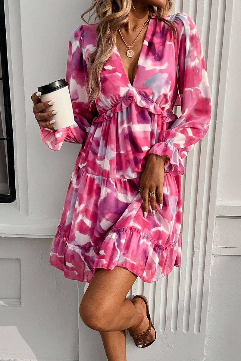 CWDSD7137_ELEGANT PRINTED V NECK LONG SLEEVE DRESS