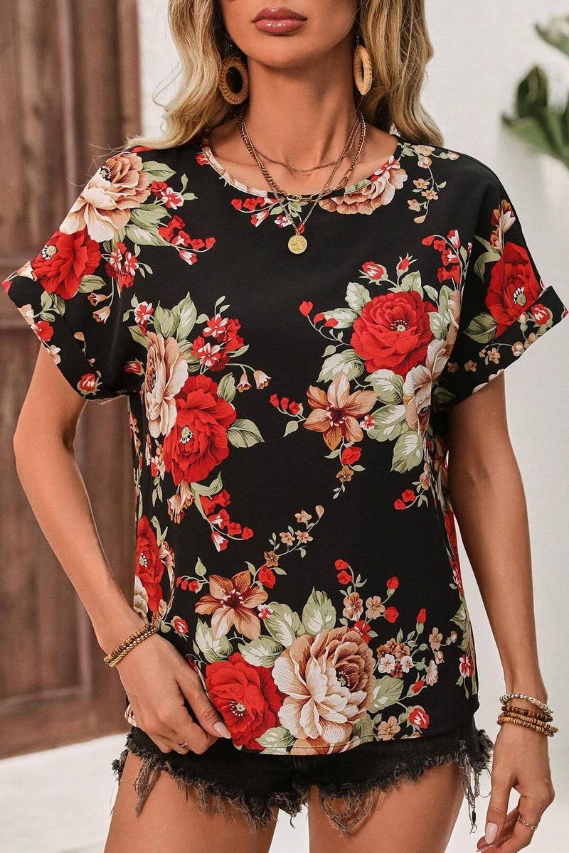 CWTTS1380_SUMMER FASHION PRINTED U-NECK SHORT SLEEVE TOP